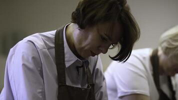 Focused Craftsmanship in a Collaborative Workshop Environment Aimed at Skill Development and Passion. Stock Clip photo