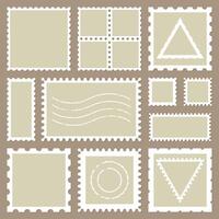 Blank rectangle and square postage stamps, with a shadow isolated on beige background. Empty template paper mark symbol of delivery correspondence. Frame border vector