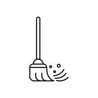 Thin Outline Icon Broom, Besom or Short Brush of Bound Straw Near a Pile of Garbage. Such Line sign as Cleaning Garbage, Cleanup, Sweeping. Computer Pictograms White Background Editable Stroke. vector