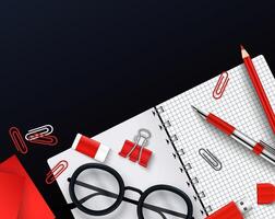Flat Lay of Red Office Supplies on Dark Background vector