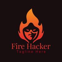 Fire Hacker Logo, Elegant logo of mysterious character with hood and fire vector