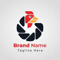 Rooster Geometri Camera Logo, combination of rooster head and camera lens. Unique design of rooster head in modern flat geometric style vector