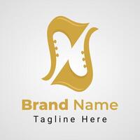 Letter N Saxophone Logo, simple logo of Two Saxophone Musical Instruments is arranged to form the Negative Space of Letter N vector
