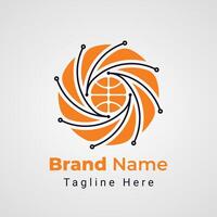 Basketball Photo Techno Logo, combination of basketball in center forms camera lens with techno lines vector