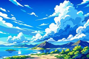 An anime style painting of a beach and clouds vector