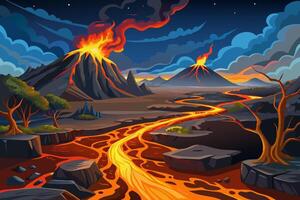 An illustration of a volcano with lava flowing out of it vector