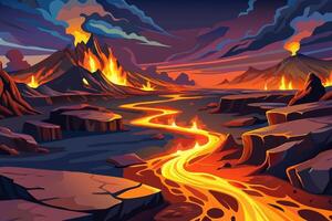 An illustration of a lava river flowing through a mountain vector
