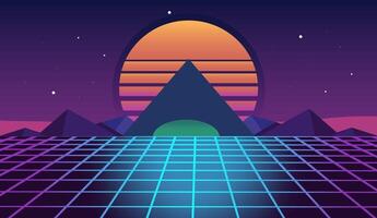 Vaporwave Retro Futuristic 80's Synthwave Landscape and Sun Background. 3D illustration Render vector