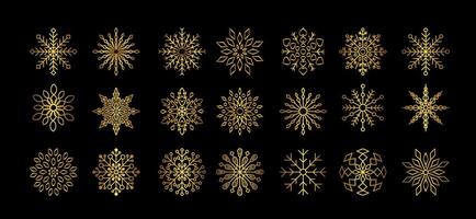 Golden snowflakes premium class set for winter design element. Gilded silhouette snowflakes isolated on black background. Freeze symbol icon collection. Snow Ice crystal shape graphic. vector
