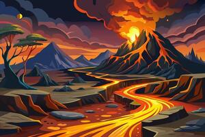 An illustration of a lava flow in the mountains vector