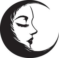 a black and white silhouette of a woman's face with a moon in the background vector