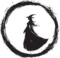 a witch silhouette in a circle with a black and white background vector