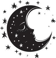a black and white drawing of a crescent with stars vector