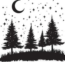 a black and white silhouette of trees and a moon vector