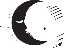a black and white crescent with a face on it vector