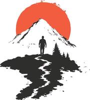 a man standing on a mountain with a red sun in the background vector