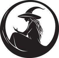 a black and white illustration of a witch sitting in a circle vector