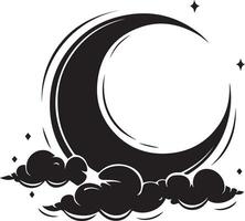 a black and white illustration of a crescent with clouds vector