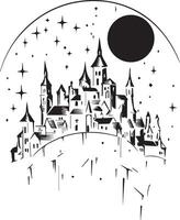 a black and white drawing of a castle with a moon in the background vector