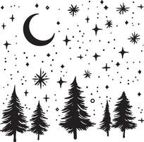 a black and white illustration of trees and stars vector