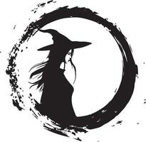 a black and white illustration of a witch in a circle vector
