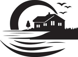 a house on the water with a moon and birds vector