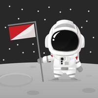 Astronaut landing in moon and holding flag in a pole chibi cute flat art simple illustration big head with detail and moveable part perfect for kids book cover or design asset vector