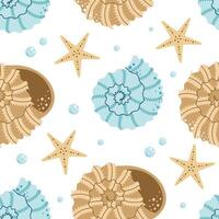 Seamless pattern with starfish, seashells, and mollusks. Tropical ocean beach vibe. Flat design vector