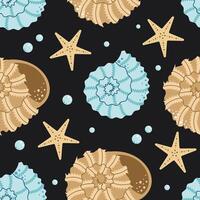 Seamless ocean pattern with tropical seashells, starfish, and mollusks. Coastal exotic design vector