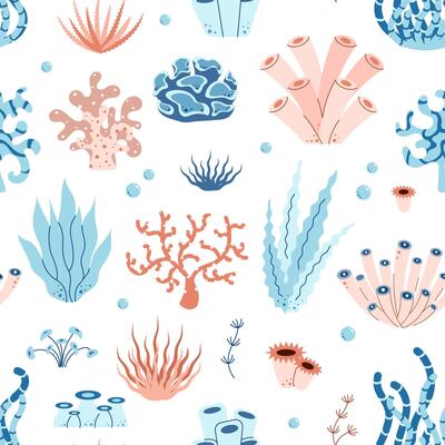 Seamless pattern with seaweed, coral, reef, algae, sea plants. Ocean underwater theme. Flat illustration
