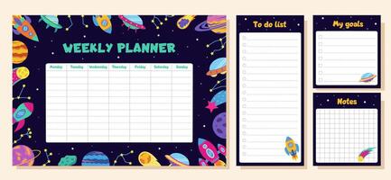 Weekly planner, to do list, goals and notes. Set with space elements. vector