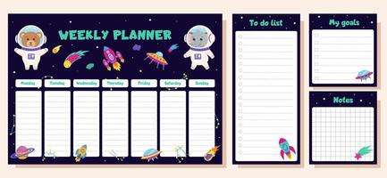 Set of weekly planner, to do list, goals and notes with space concept. Set with space elements and animals astronauts. vector
