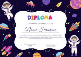 Space diploma, certificate with space elements and children astronauts. vector