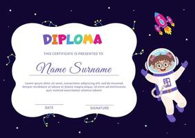 Diploma with space elements and girl astronaut. vector
