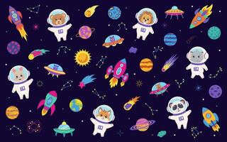 Space set. Set of space elements planets, comets, rockets, spaceship and animal astronauts bear, panda, lion, fox, rabbit, elephant. vector
