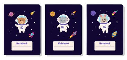 Space animals. Cover design for notebooks with space elements and animal astronaut bear, bunny, elephant. vector