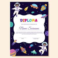 Diploma, certificate with space concept. Diploma with space elements and children astronauts. vector
