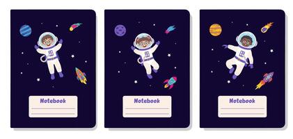 Space cover design for notebooks, brochures, books with space elements and children astronauts. vector