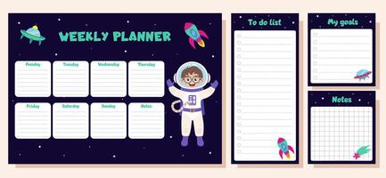 Weekly planner with space concept. Set of to do list, goals and notes with space elements and boy astronaut. vector