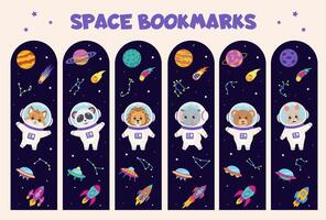 Set of space bookmarks for children. Boolmarks with space elements planets, comets, rockets, spaceship and animal astronauts bear, panda, lion, fox, rabbit, elephant. Stationery for kids. vector