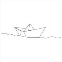 Continuous single line art drawing of paper boat sailing on the water river simple outline style illustration vector