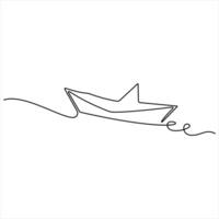 Continuous single line art drawing of paper boat sailing on the water river outline style vector