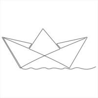Continuous single line art drawing of paper boat sailing on the water river simple outline style illustration vector