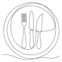 Continuous single drawing of knife fork spoon outline style illustration vector