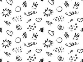 Hand drawn chalk seamless pattern with lines, zigzags, waves, arrows, hearts, flower, dots. charcoal smears background. Underline pen design. Doodle crayon style sketch lines. Horizontal wavy vector