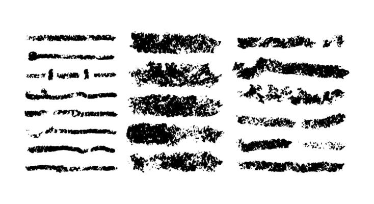 Chalk lines, brush strokes, crayon pencil underlines. Sketch Charcoal straight horizontal lines. Scribble black strokes. Grunge smears, thin, thick, bold dividers.