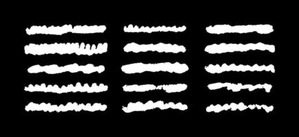 Chalk white handwriting lines on black, brush strokes, crayon pencil underlines on blackboard. Sketch Charcoal straight horizontal lines. Scribble bright strokes. Grunge smears, thin and thick vector