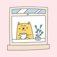 Cute cat look out the window with cup of coffee. Hand drawn illustration on pink background. vector