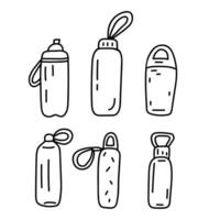Set of reusable water bottles. hand drawn outline icons illustration on white background. vector