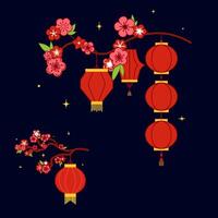 Happy new year design with hanging lanterns on sakura branch graphic style, composition set vector